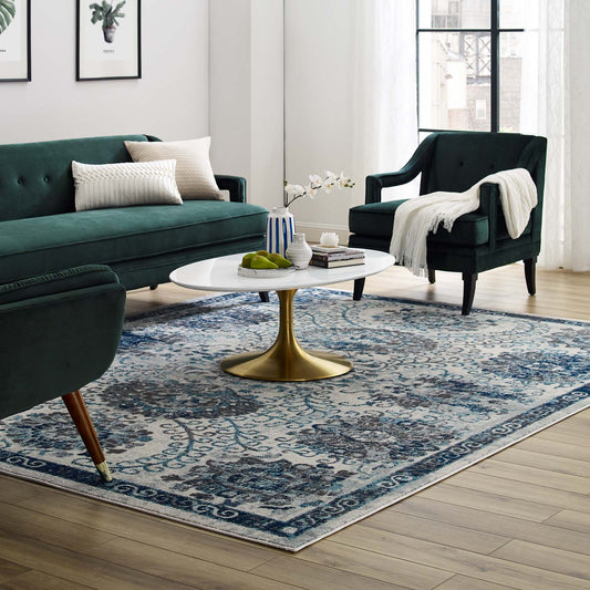 Modway Entourage Kensie Distressed Vintage Floral Moroccan Trellis 8x10 Area Rug Ivory and Blue | Rugs