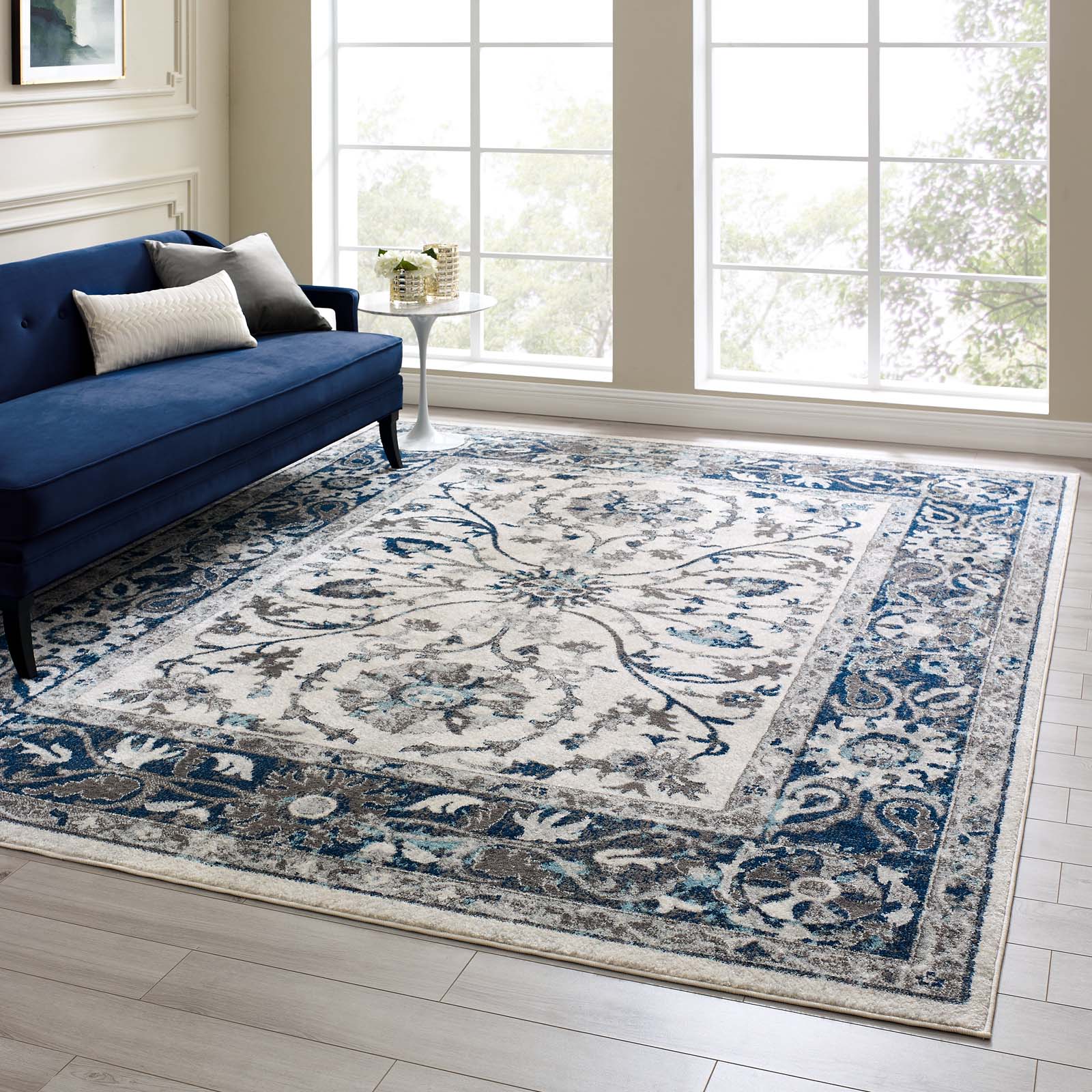 Modway Entourage Samira Distressed Vintage Floral Persian Medallion 8x10 Area Rug Ivory and Blue | Rugs
