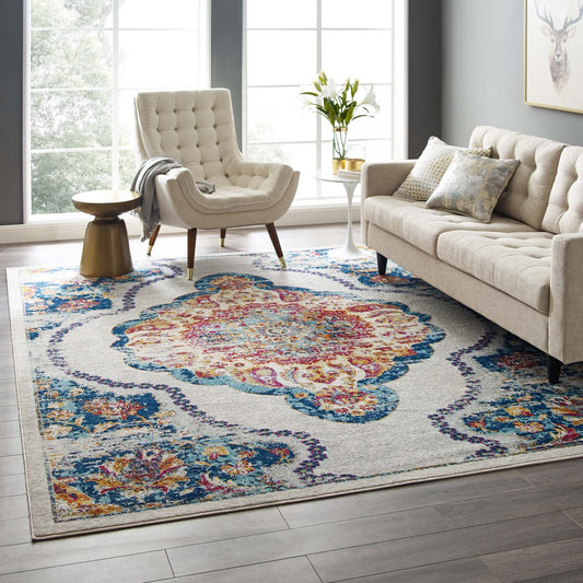 Modway Entourage Malia Distressed Vintage Floral Persian Medallion 8x10 Area Rug Multicolored | Rugs