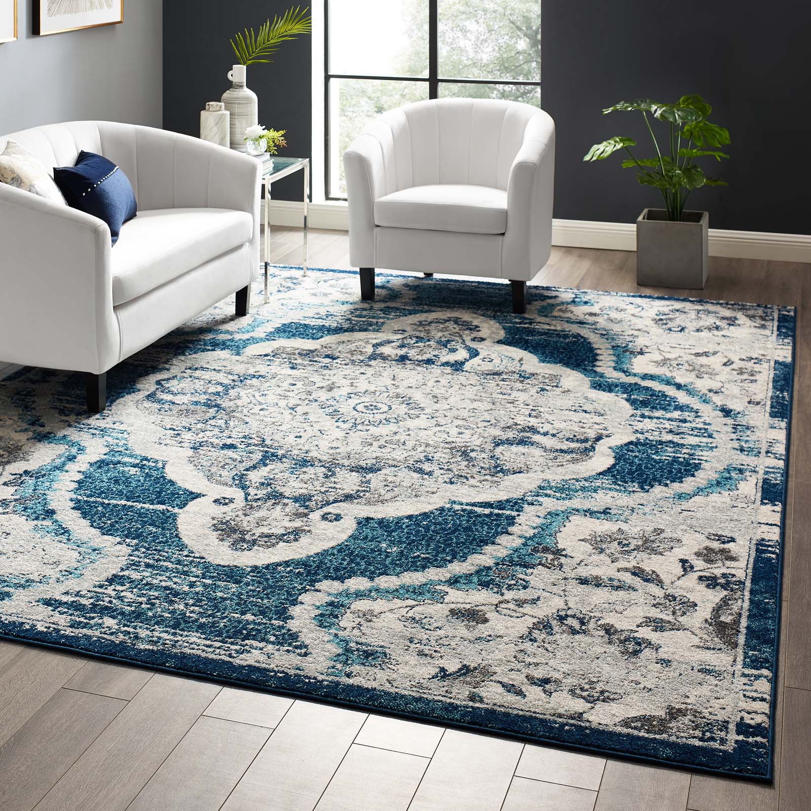 Modway Entourage Malia Distressed Vintage Floral Persian Medallion 8x10 Area Rug Ivory and Blue | Rugs