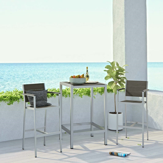 Modway Shore 3 Piece Outdoor Patio Aluminum Outdoor Pub Set in Silver Gray | Outdoor Dining Set | Modishstore